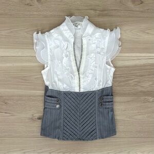 oh yes gray and white ruffled blouse